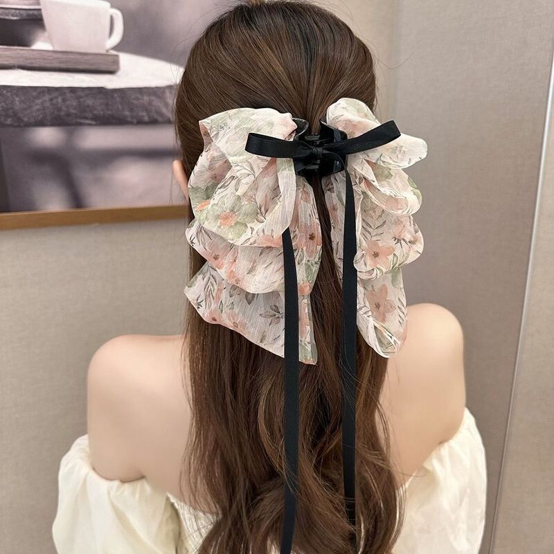 Half-Tie Butterfly Ribbon Hair Clamp Back Head Hair Accessories Hair Clip Gauze Bow Headwear Gifts Grab Clip Women Girls