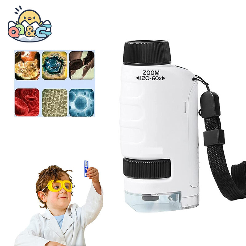 Kits de microscopio de bolsillo para niños, juguetes de experimento de ciencia, 60-120x, Mini microscopio de mano educativo, luz, juguete STEM para niños, regalos