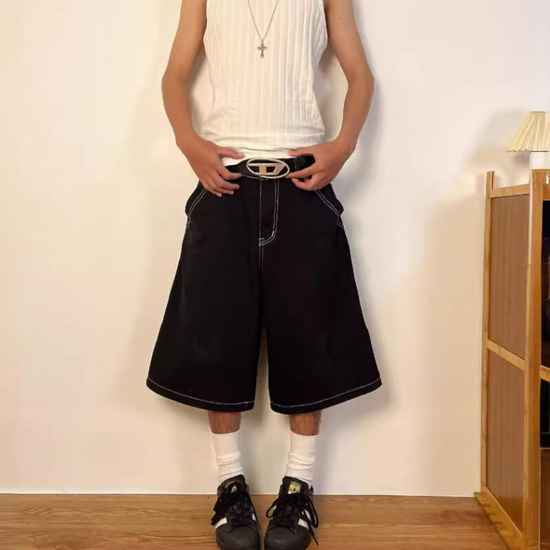 QWEEK-pantalones cortos de mezclilla holgados para mujer, ropa de calle Vintage americana, pierna ancha, longitud hasta la rodilla, bordado gótico, verano, Y2k