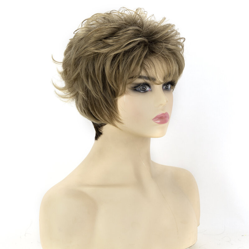 Area kecil ujung rambut sintetis keriting pendek dengan ikal halus, rambut palsu untuk penggunaan sehari-hari wanita
