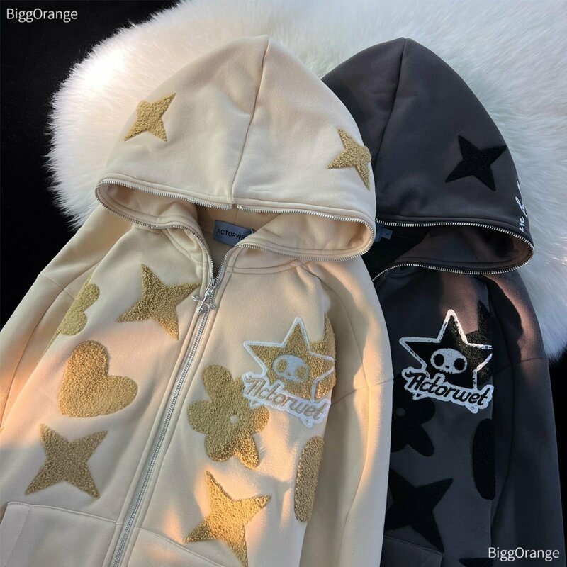 สินค้าขายดีเย็บปักถักร้อย Vintage Star Full Zip Up Hoodie ขนาดใหญ่เสื้อกันหนาว Goth Harajuku Y2k Streetwear ผู้ชายเสื้อผ้า