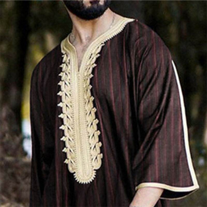เสื้อคลุมมุสลิม gradien ชาย abaya Eid sedi Arabia ปักคอวีอิสลาม kafta ลาย jubba thobe ชายชุดฤดูร้อนขนาดใหญ่