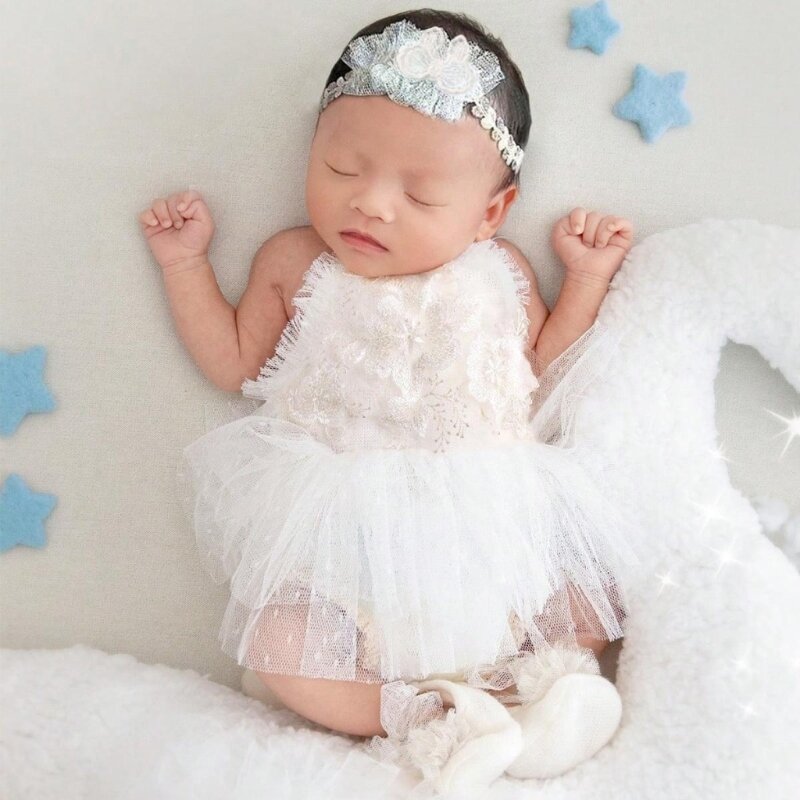Neugeborene Fotografie Outfit Set Spitze Stram pler mit passenden Stirnband & Babys chuhe Foto Requisiten Dusche Geschenk für Vollmond