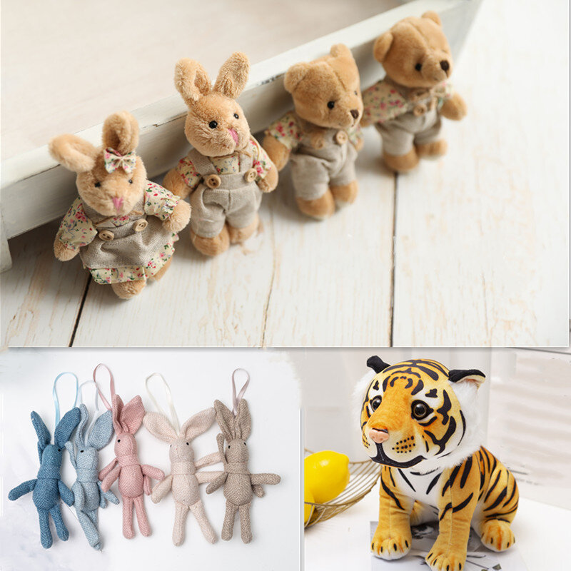 Puntelli per fotografia neonato coniglio peluche bambola lino piedi lunghi Mini tigre coppia coniglio e orso Mini puntelli giocattolo fotografico per bambini