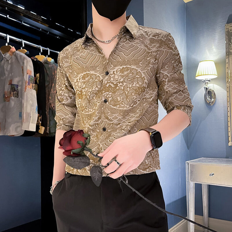 Роскошные мужские рубашки с рукавом до локтя, уличная одежда, приталенная Мужская Повседневная рубашка в стиле ретро с принтом на пуговицах, летняя модная Клубная Классическая мужская рубашка