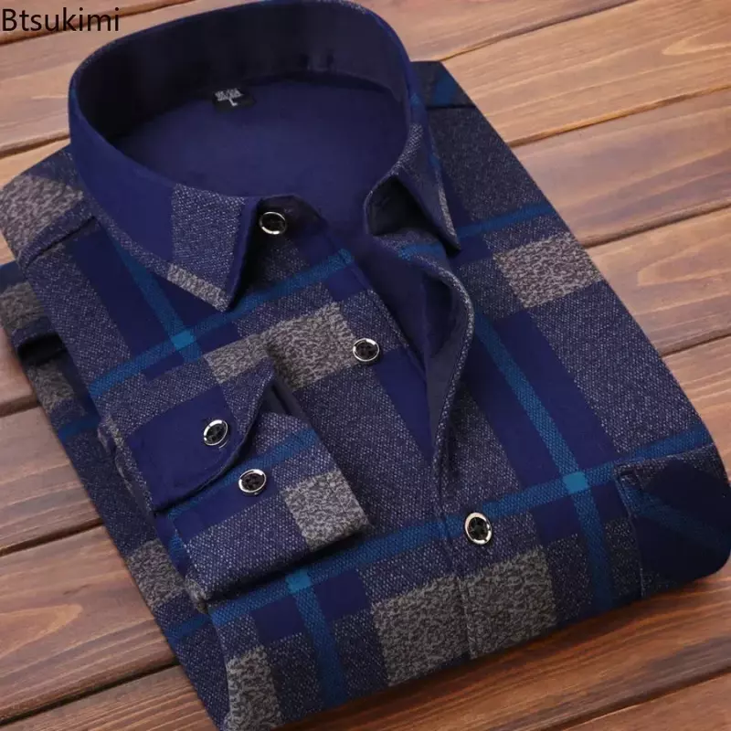 2024 Men's Winter Warm Long Sleeve Plaid Shirts Flannel Fur Lined Thick Formal Shirts Fleece Casual Shirt for Men Dress Shirts