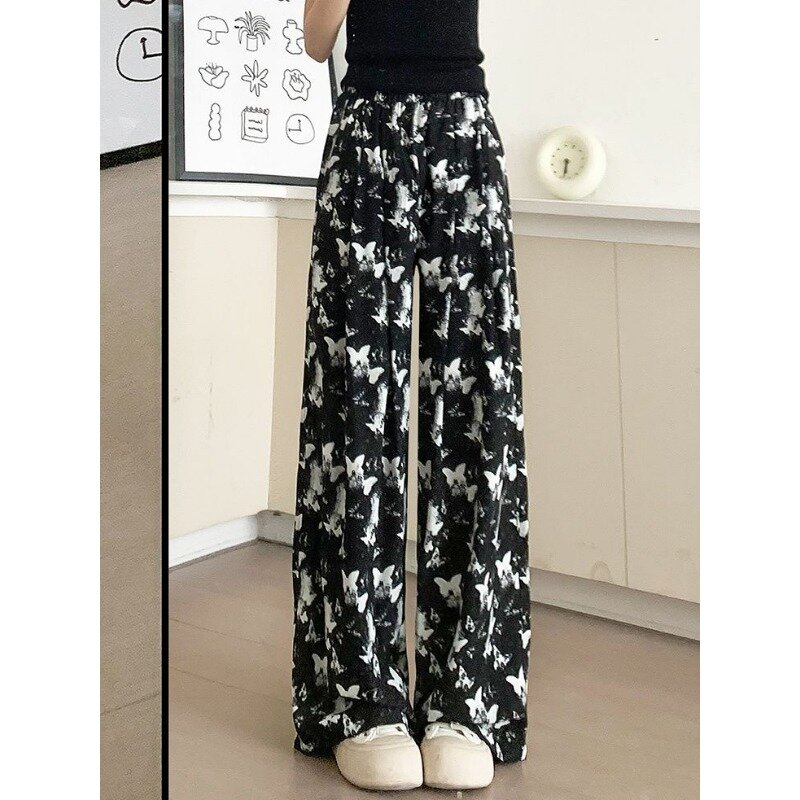 Ink Wash Chinese Wide Leg Pant Women Summer Thin High Waist Slim Tie Dye Butterfly Straight Tube Casual Ice Silk Sunscreen Pants