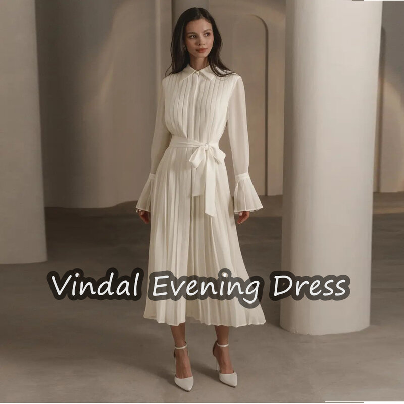 Vindal Scoop Neckline A-Line Evening Dress Tea Length Chiffon Elegant Built-in Bra Saudi Arabia Long Sleeves For Woman 2024