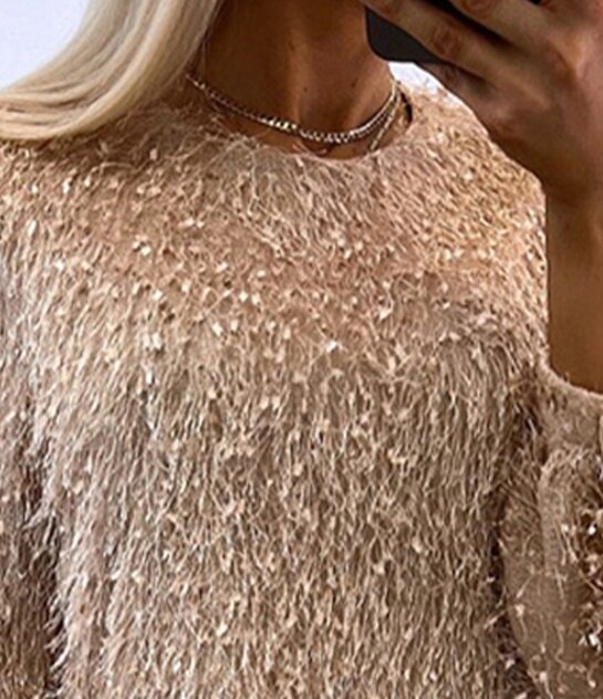 Elegancka bluzka dla kobiet z frędzlami z długim rękawem z okrągłym dekoltem krótkie sztuczne futro 2023 zimowe solidna damska odzież wierzchnia