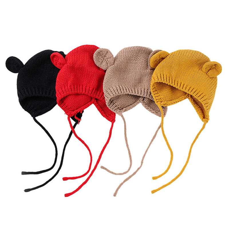 Visogo-バニーの耳が付いたベビーニットのビーニー、かわいい柔らかい帽子、単色、暖かい冬の帽子、女の子と男の子のアクセサリー