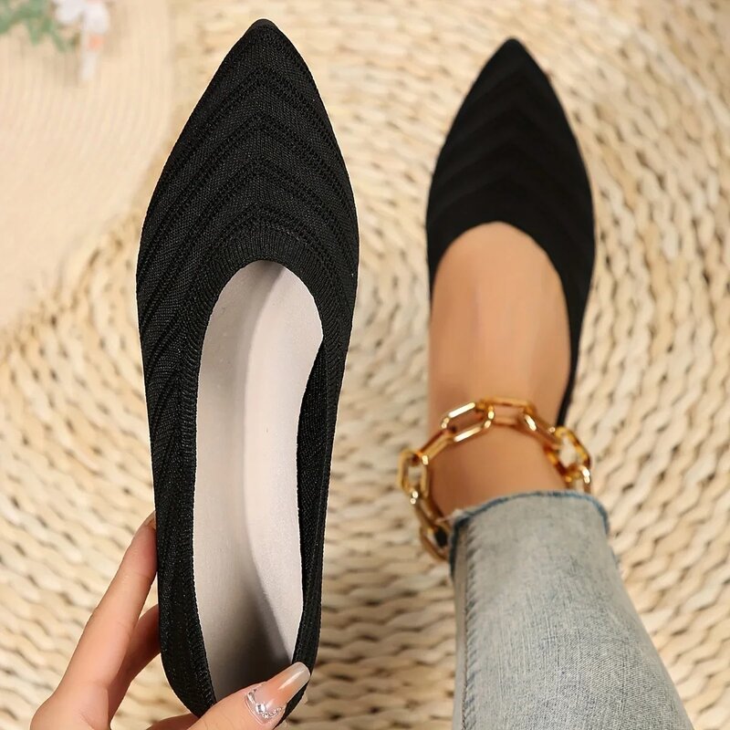 Pointed Toe Flat Shoes Women Solid Color Knitted Shoes Casual Breathable Ballet Flats Women Loafers Sneakers Zapatos De Mujer
