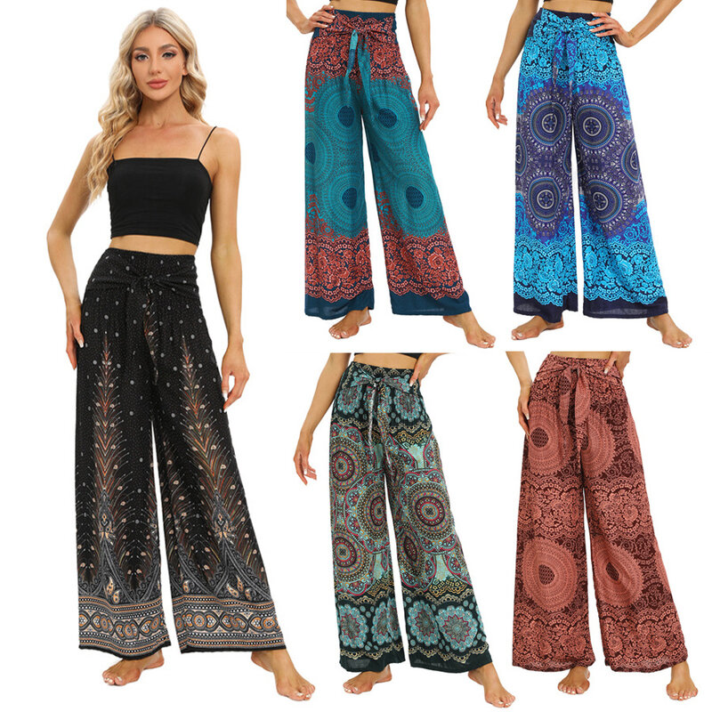 2024 donne Boho Yoga pantaloni Rayon Vintage floreale stampato gamba larga pantaloni lunghi elastico a vita alta femminile fuori casa vestiti