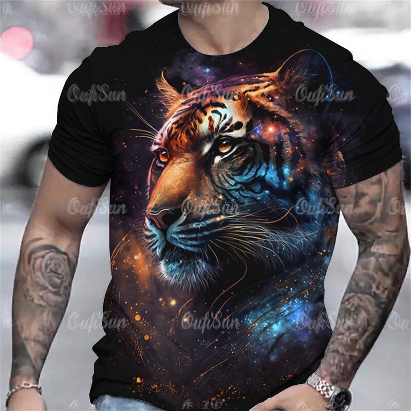 เสื้อยืด3D ภาพเสือลายสัตว์แขนสั้นสำหรับผู้ชาย, เสื้อยืดทรงโอเวอร์ไซส์แบบสวมหัวสำหรับฤดูร้อน
