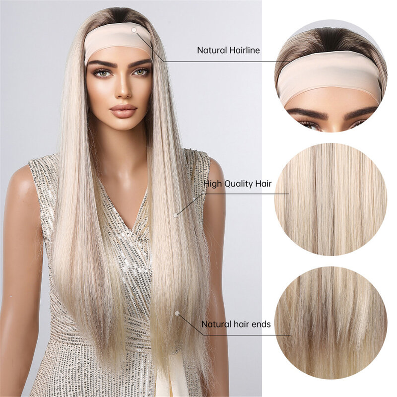 ALAN EATON Long Blonde Synthetic Headband Wig Ombre Blonde Straight Hair Wigs Natural Looking Heat Resistant Fiber for Daily Use
