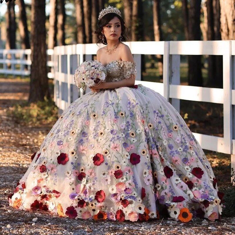Champagne Ball Gown Quinceanera Dresses Colorful Floral Appliques Lace 3D Flowers Beads Tull Corset Vestidos De 15 Años
