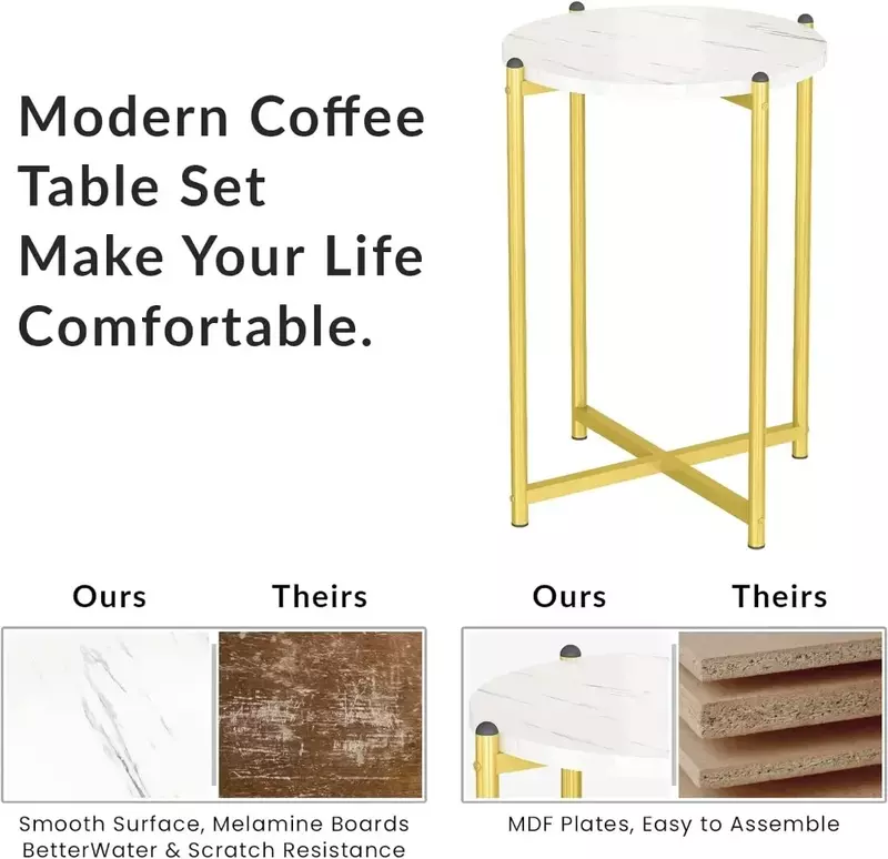 중세기 커피 테이블 세트, 인조 대리석 커피 테이블, 둥근 끝 테이블 세트, 보관 선반 및 금속 프레임, 거실, 3 개 세트