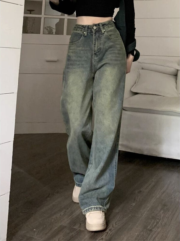 Deeptown-Jeans largas e largas femininas, moda de rua vintage, calça jeans lavada, calça grunge básica azul desleixada, Y2k, primavera
