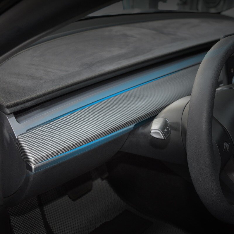 แถบแดชบอร์ดสำหรับคอนโซลกลาง Tesla รุ่น3 Y ฝาสติกเกอร์คาร์บอนไฟเบอร์ ABS แบบอุปกรณ์เสริมรถยนต์2017-2023