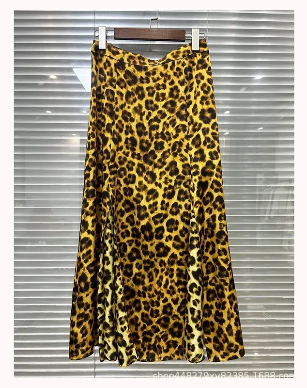 Jupe mi-longue imprimée léopard pour femme, taille haute A-Line, mode estivale, 2024