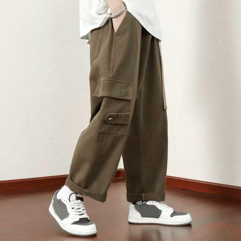 Męskie spodnie Retro w stylu Vintage luźne spodnie Cargo z elastyczną talią wiele kieszeni paskiem miękkie oddychające na co dzień