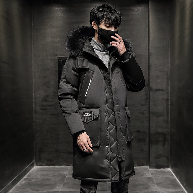 New 2023 Winter Hooded Fur Collar Long Warm Duck Down Jacket Men's Outwear Solid Color Mid-Length Puffer Coat Loose Thick Parkas