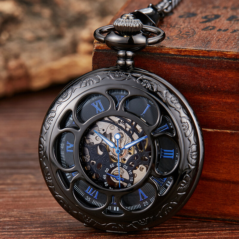 Reloj de bolsillo mecánico de lujo con números romanos para hombre, caja plateada grabada, relojes de esqueleto Steampunk, cadena Fob