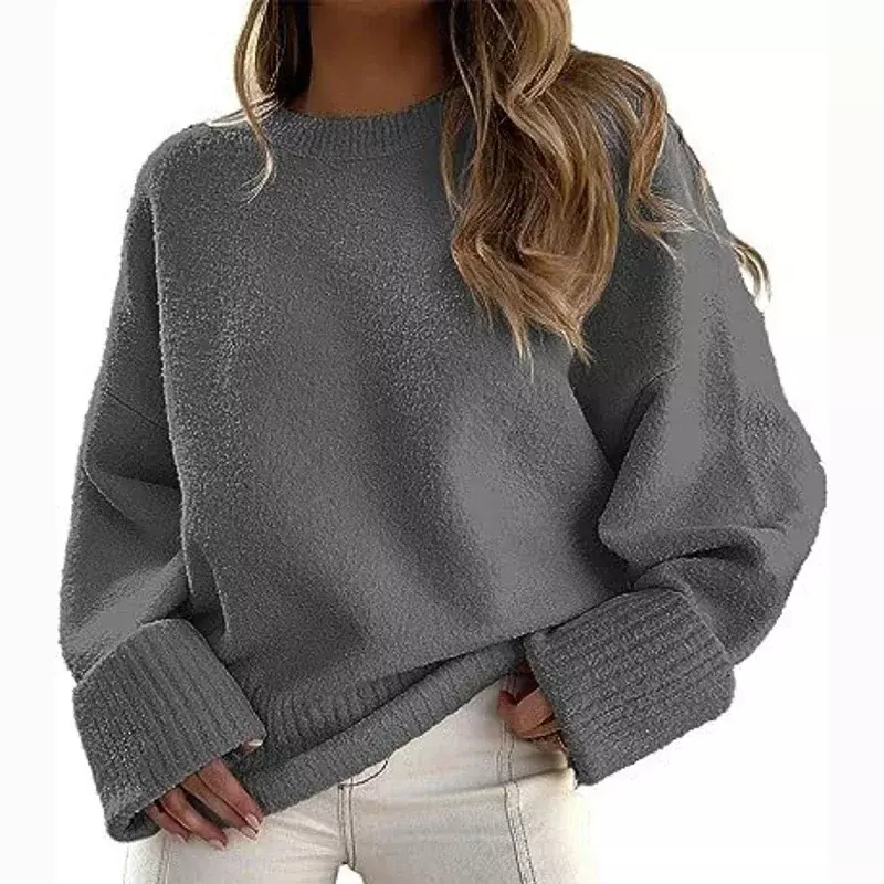 Pakaian rajut hangat lembut kasual baju wanita musim dingin sweter pullover leher bulat mode musim gugur Sweater rajut longgar Jumper 29762