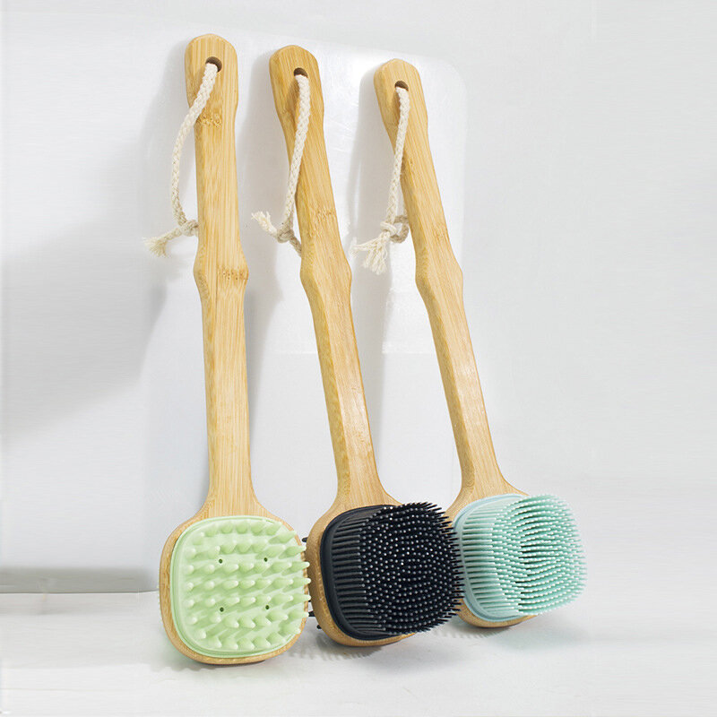 Brosse de douche en silicone avec long manche en bois, épurateur de tête et de dos, peau sèche, outil de massage corporel exposant, livres, 1 pièce