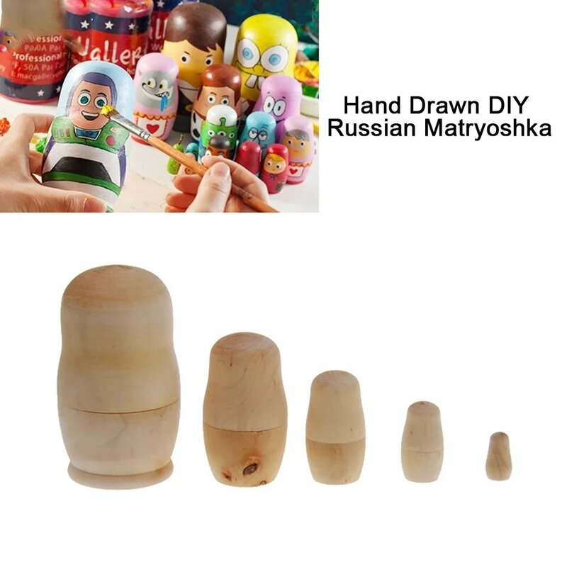 DIY 손으로 그린 러시아 둥지 장난감, Matryoshka 인형, 빈 둥지 나무 인형 장난감, 도색되지 않은 어린이 학습 그림 장난감, 5 개