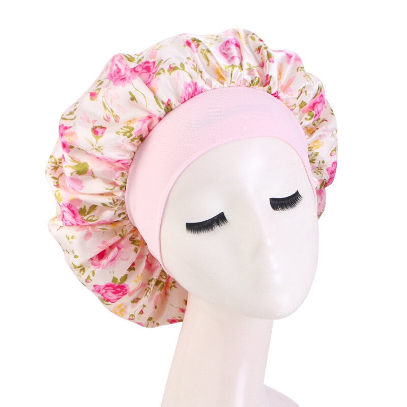 Gorro de cetim grande feminino com estampa floral, boné de cabelo, chapéu de dormir noturno, gorros de cabeça, chapéu africano, estiramento largo, flor grande, estiramento