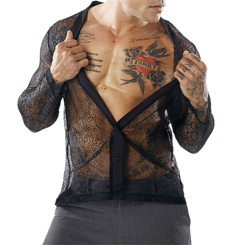 Мужская Однотонная рубашка, Повседневная стильная рубашка с V-образным вырезом, прозрачная однотонная Сексуальная мужская рубашка с длинными рукавами, пикантный мужской модный топ с вырезами