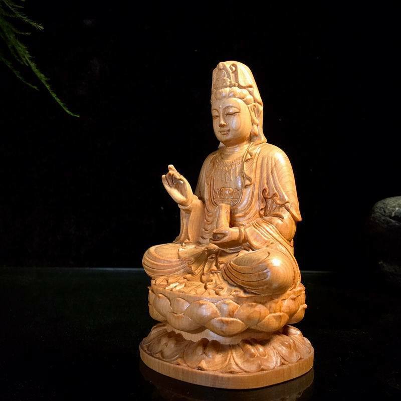 Miniaturowy klif rzeźbione w drewnie Cypress statyczna butelka siedząca Guanyin bodhisattwa dekoracja domu akcesoria biurowe prezent