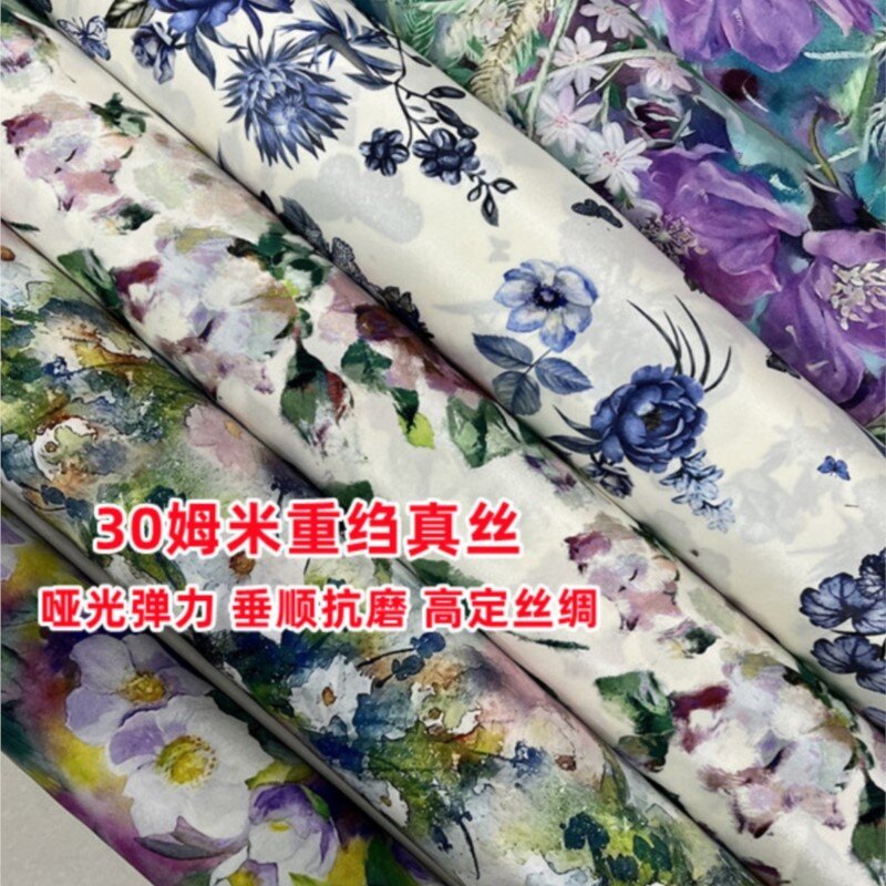 Tecido De Estiramento De Seda De Crepe Pesado, Vestido Floral Cheongsam, Impressão Matte, Design Alto