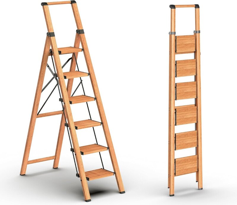 GameGem 6 Step Ladder for 12ft High Ceiling, Lightweight Aluminum Folding Step Stool with Convenient Handgrip, Stepladders