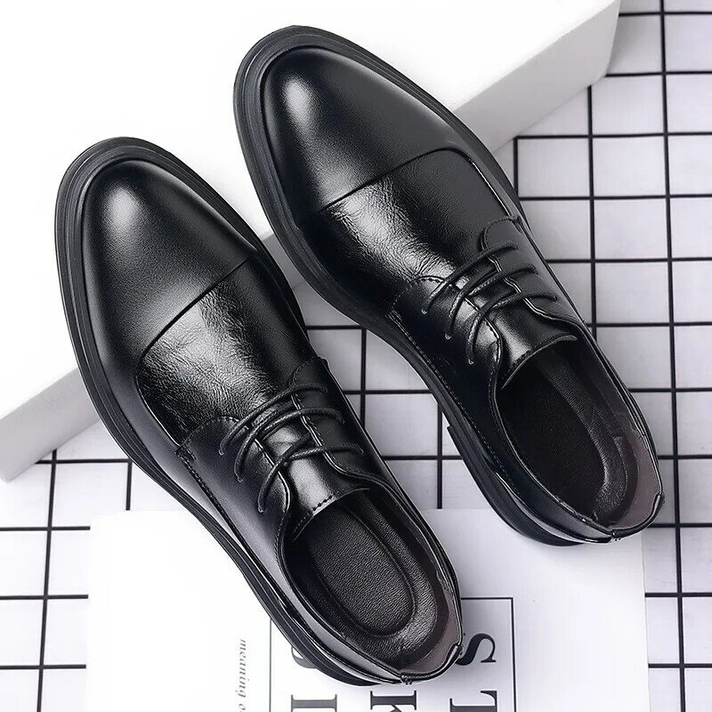 Sepatu pantofel pria, sepatu selop kantor Oxford bisnis Formal, elegan modis untuk pria