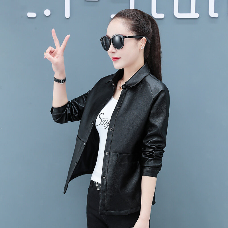 New Women'S Mother'S Short Top Coat South Korean Versatile Fashion Lapel Pu Leather Spring Autumn Winter Leather Jacket Female