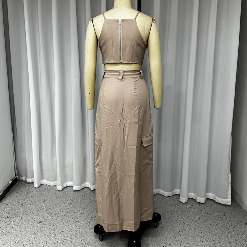 Wefads Женская Летняя мода 2024 Сексуальная женская блузка без рукавов на молнии трапециевидная блузка с карманом с разрезом длинная юбка комплект