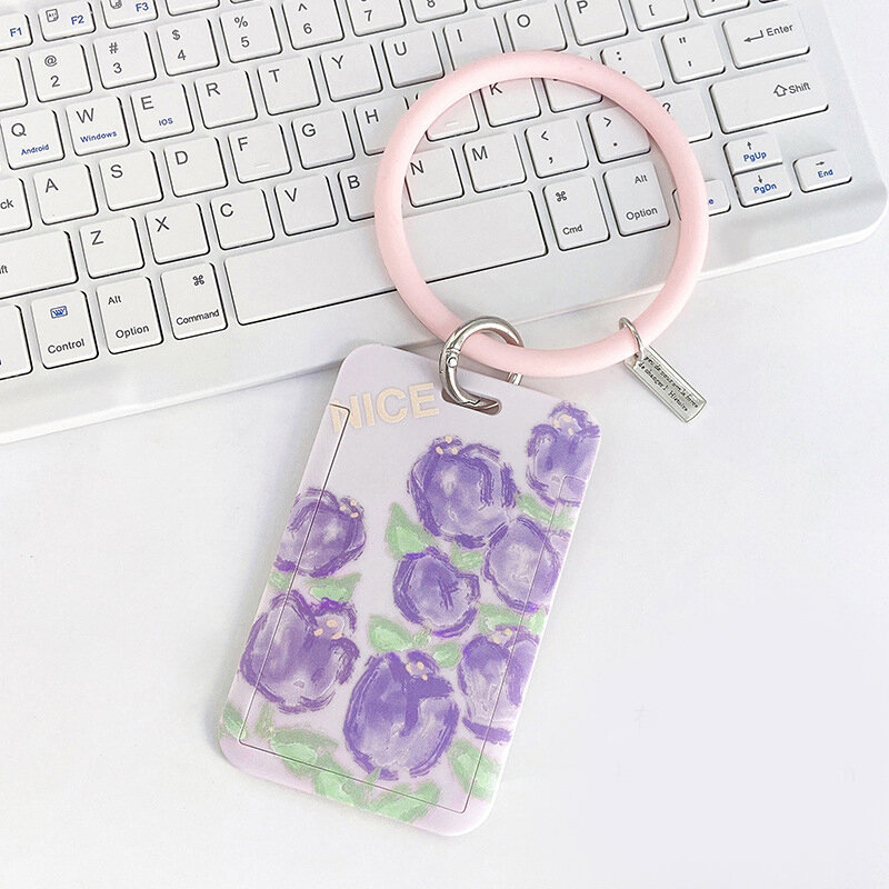 Pemegang kartu Tulip ungu Jepang, tempat kartu kredit pelindung, penutup kartu Bus, gantungan kunci dengan gelang bulat