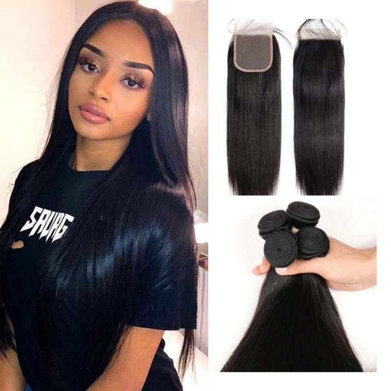 Closure With Bundles Human Hair Straight Bundles With 4x4 Closure 100% Natural Human Hair 50g HD Lace Free Part 26 28 30 Inch