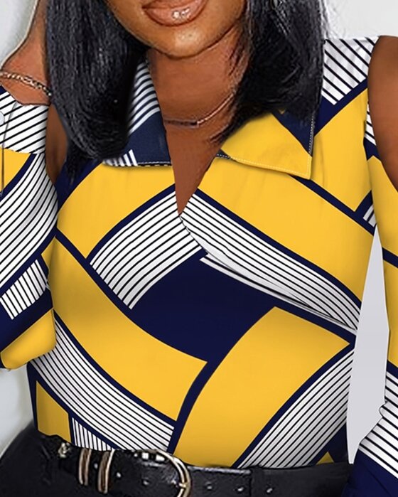 Women's Spring Summer Long Sleeved Fashion Versatile Casual Shoulder Hollow Design Geometric Pattern Stripe Printed Top