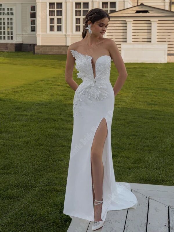 연예인 새틴 인어 신부 가운, 포멀 레이스 꽃 프린트 웨딩 드레스, 2024 걸레질 길이 파티