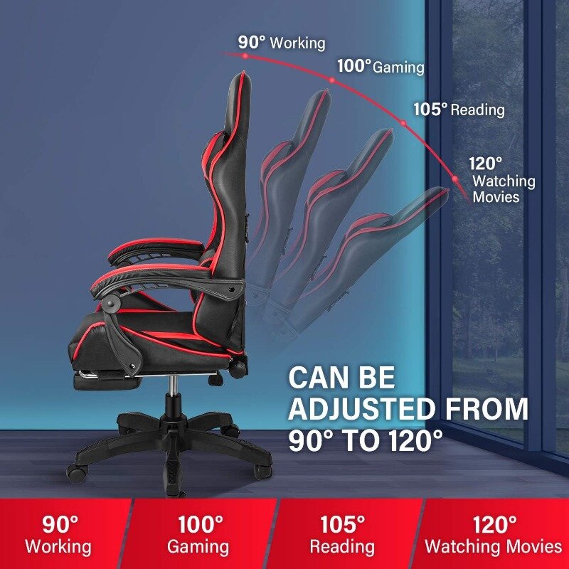 Gaming-Stuhl, Rückenlehne und Sitzhöhe verstellbar drehbar Liege Rennbüro Computer ergonomischer Videospiel stuhl, rot