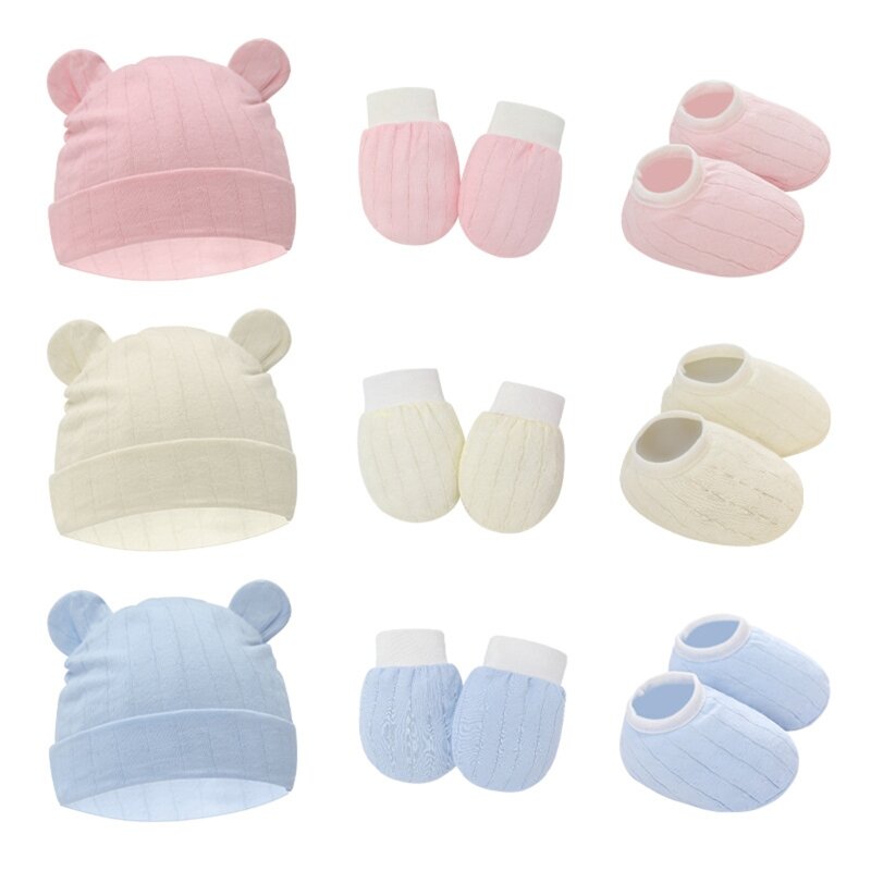 HUYU 1 Set Baby Anti Scratching Gloves Cute Ears Hat Foot Cover Set Soft Cotton Newborn No Scratch Mittens Socks Beanies Cap