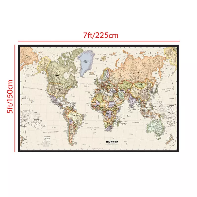 La mappa del mondo 225*150cm mappa dettagliata In tessuto Non tessuto delle principali città In ogni paese per l'arredamento dell'ufficio scolastico scolastico