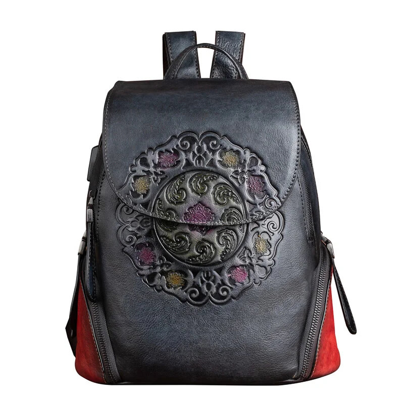 Mochila de couro genuíno de primeira camada, mochila com porta de carregamento USB, mochila escolar para senhora, fêmea