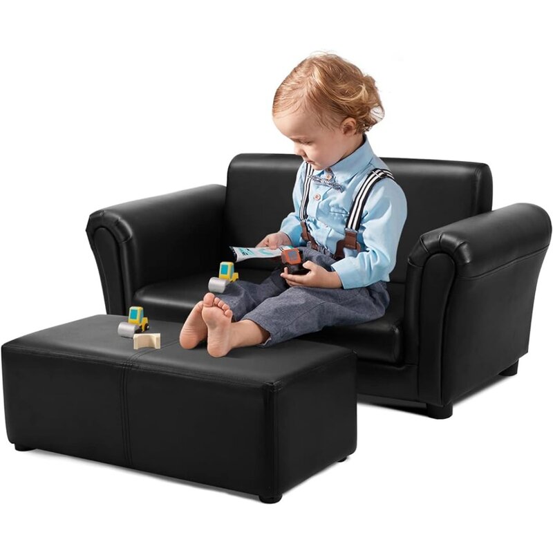 Children's sofa with ottoman, 2-seater armrest, upholstered sofa with wooden structure and backrest