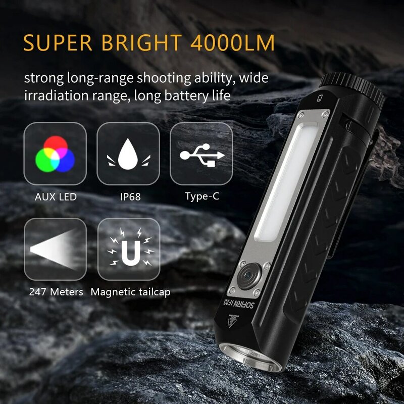 Sofirn 강력한 LED RGB 조명 손전등, 21700 5V 3A USB C 충전식 투광 조명, 마그네틱 스포트라이트 토치, 4000lm IF23