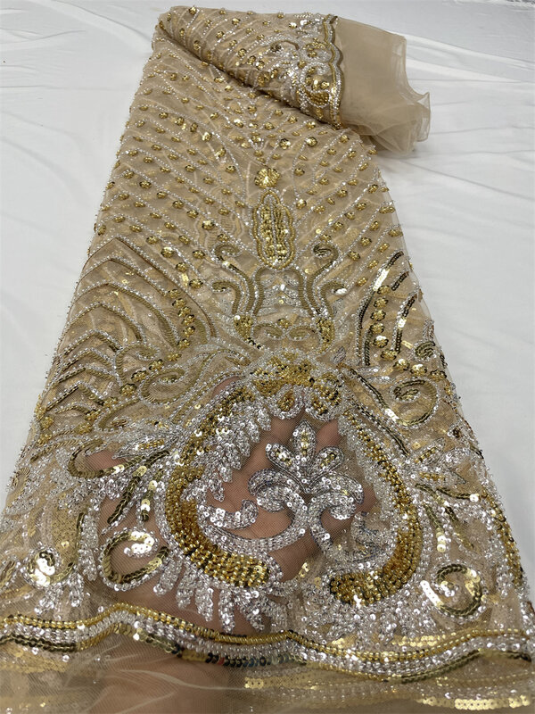 Wysokiej jakości afryki koronki tkaniny cekiny, siateczka koronki francja luksusowe koraliki 3D nigerii haftowane tiul do szycia kobiet QF0575