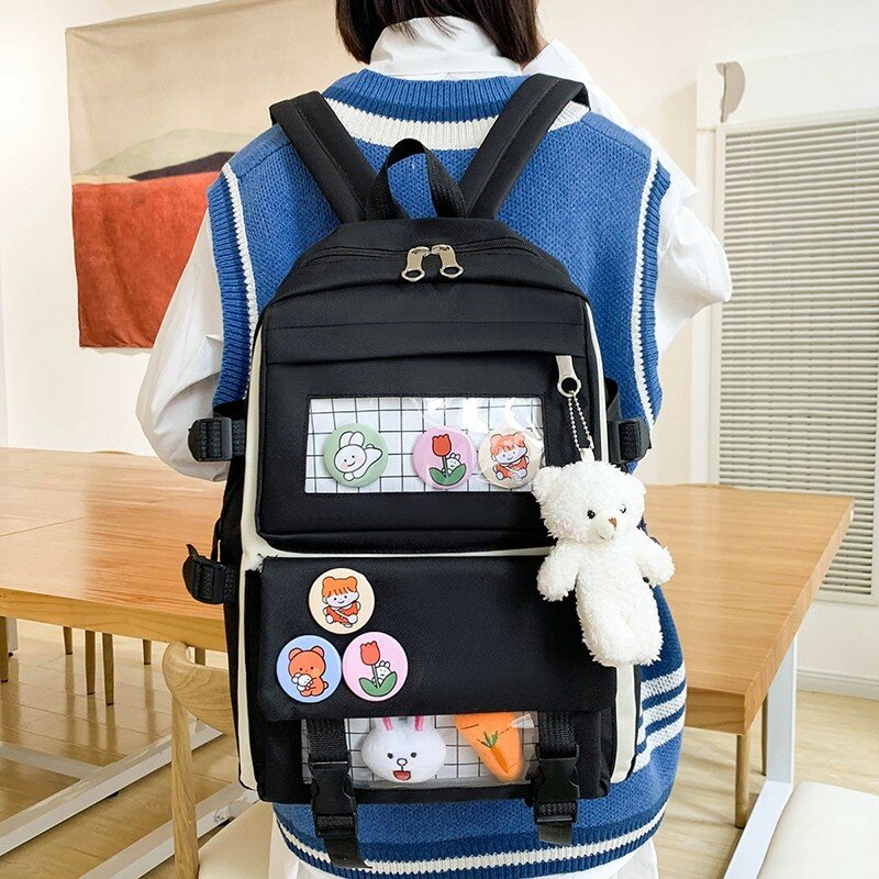 카와이 여성 배낭 세트 멋진 고등학교 배낭 십대 소녀 캔버스 학교 배낭, 소녀 어깨 학교 배낭 가방