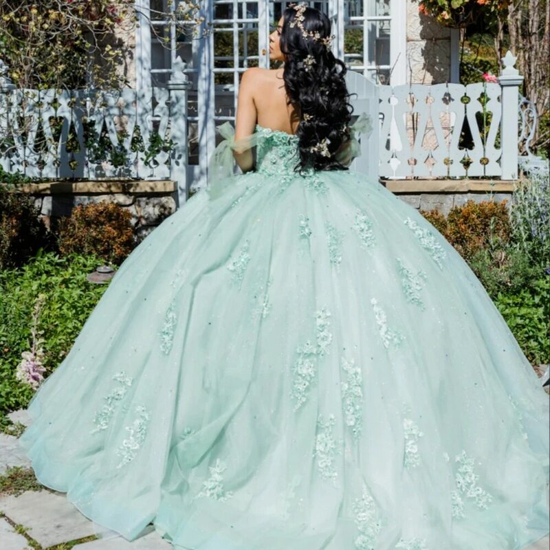 Romantic Sweetheart Neck Quinceanrra Prom Dresses Glitter Princess Long Graceful Lace Appliques Sweet 16 Dress Vestidos